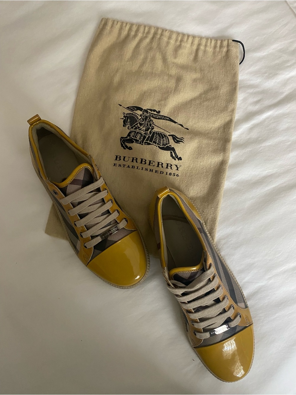 Burberry womens Yellow Patent & Check Low-Top Sneakers with Beige Laces